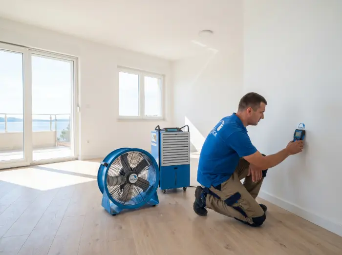Stručnjak mjeri vlagu u zidu pokraj ventilatora - Isušivanje vlage - Kapljica