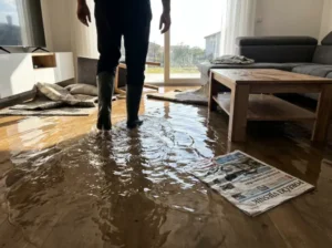 Dnevni boravak ispunjen vodom koja prekriva drveni pod - Isusivanje vlage - Kapljica