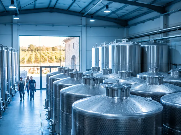 Kapljice kondenzacije na velikoj inoks bačvi za fermentaciju vina