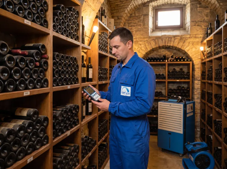 Stručnjak u radnom odijelu očitava parametre vlage na uređaju u vinariji