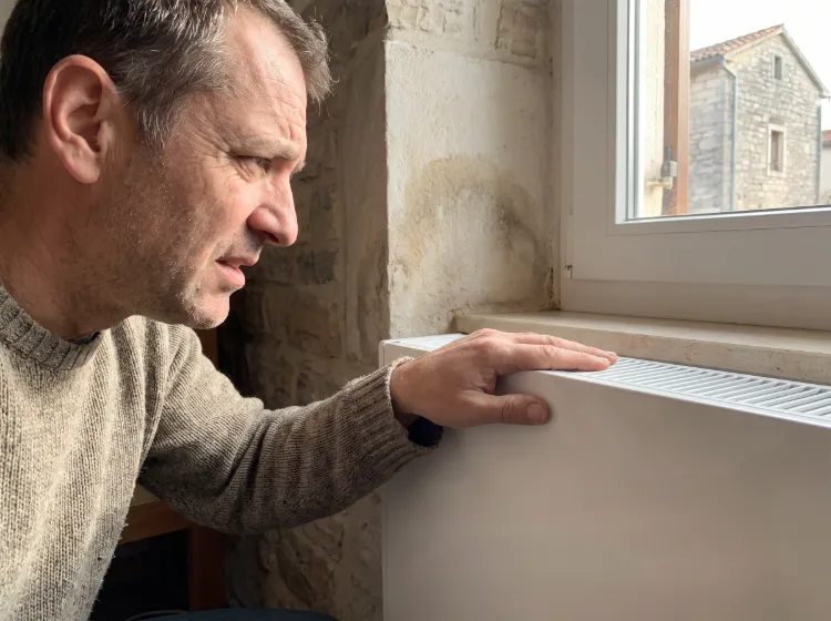 Zabrinuti vlasnik kuće dodiruje topli radijator i gleda u vlažan kut zida u dnevnom boravku - Isušivanje vlage